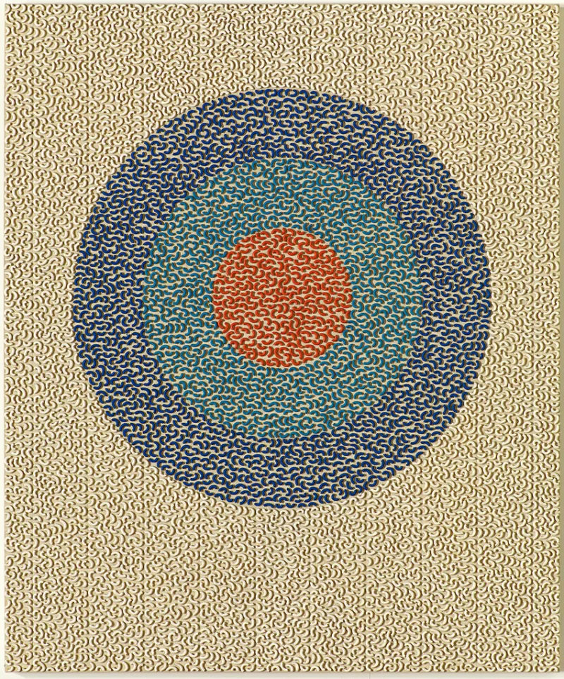 General Idea, "Pasta Paintings : Sans Titre (Vantage)", 1986–1987. Acrylique et pâtes alimentaires sur toile 122 x 102 cm. Collection Mudam Luxembourg. Acquisition 2007 © Photo : Rémi Villaggi | Mudam Luxembourg