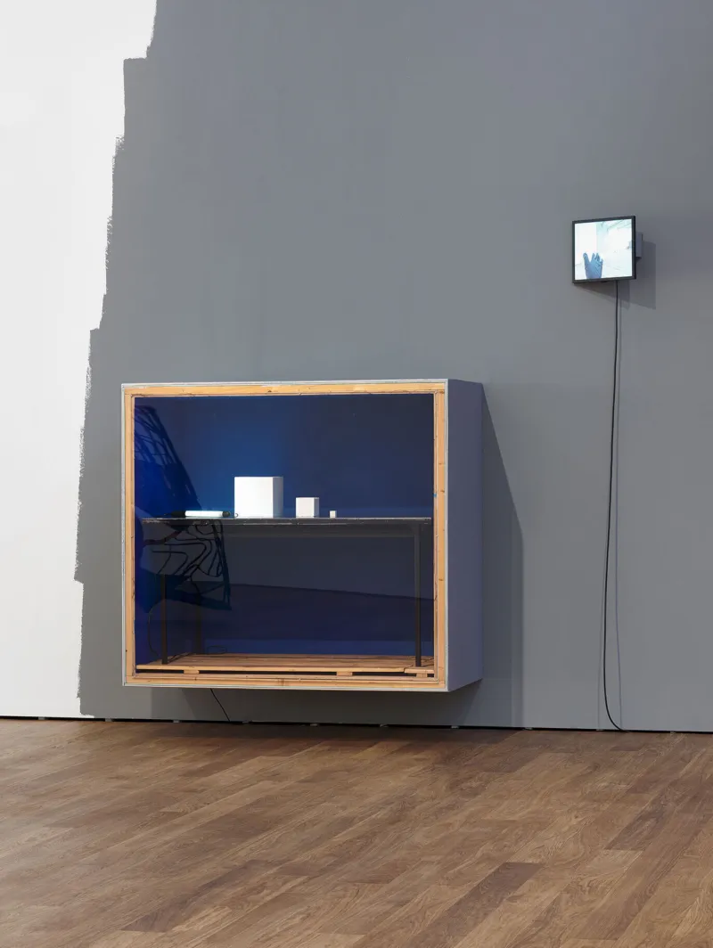 Joëlle Tuerlinckx, ‘STUDIO POCKET (blue period Fukushima 2011) with table (studio moment)’, 2011. Technique mixte. 180 x 148 x 190 cm. Collection Mudam Luxembourg. Donation 2023 – Gaby et Wilhelm Schürmann avec le soutien des membres du Cercle des collectionneurs du Mudam Luxembourg. Vue de l’exposition ‘Radio Luxembourg: Echoes across borders’, Mudam Luxembourg. Photo : Mareike Tocha © Mudam Luxembourg