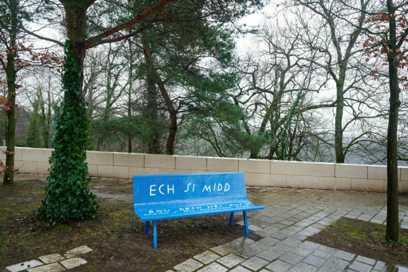 Finnegan Shannon, ‘Do you want us here or not (Mudam)’, 2023. Acier inoxydable, laque. 89 x 184 x 66,5 cm. Collection Mudam Luxembourg. Acquisition 2023. Vue de l’exposition ‘A Model’, Mudam Luxembourg, 09.02 – 08.09.2024 © Photo : Mareike Tocha | Mudam Luxembourg