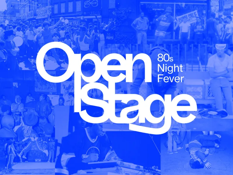 A blue-tinted collage showing several people performing on stage during the 1980s.