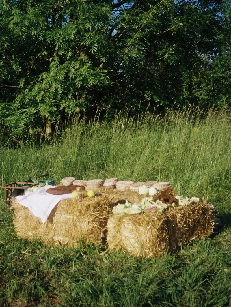 A table made from hay bales stands in a meadow, topped with fruit, cakes and drinks.