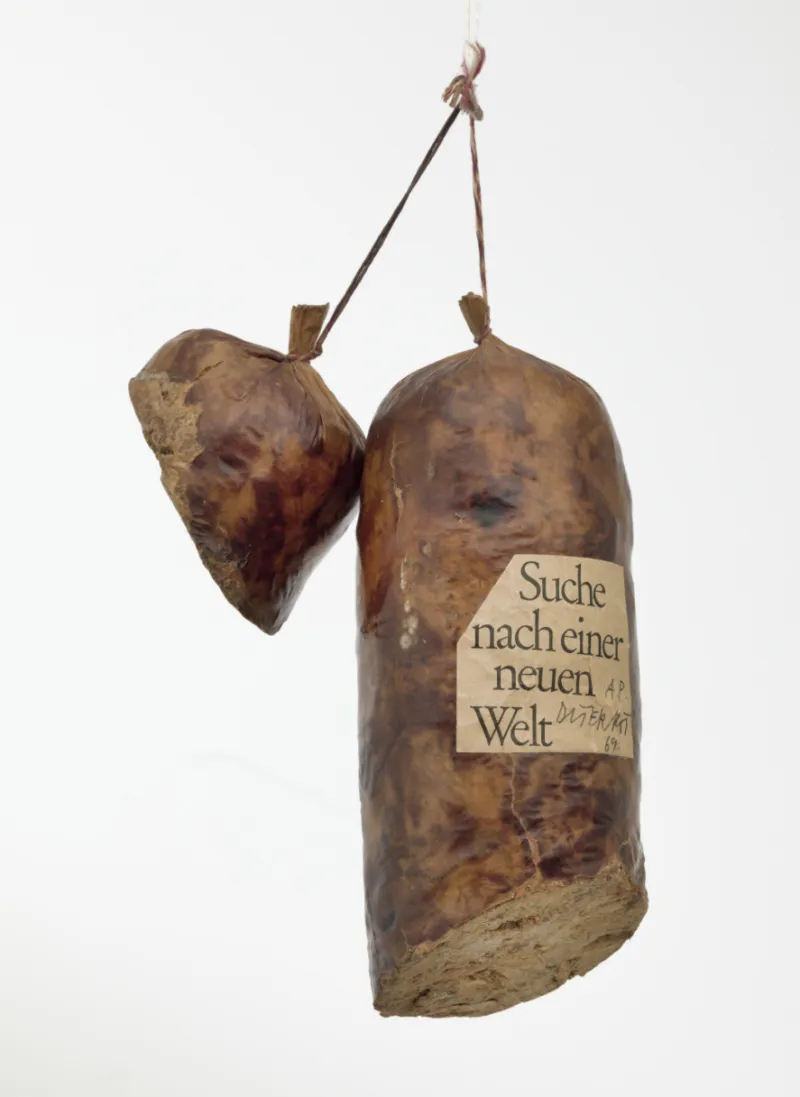 Dieter Roth, Literature Sausage (Literaturwurst), 1969, from the series published 1961–70. Ground copy of Robert F. Kennedy’s Suche nach einer Neuen Welt, gelatin, lard and spices in natural casing. 30.5 × 17 × 9 cm. Collection The Museum of Modern Art, New York. Courtesy The Museum of Modern Art, New York.