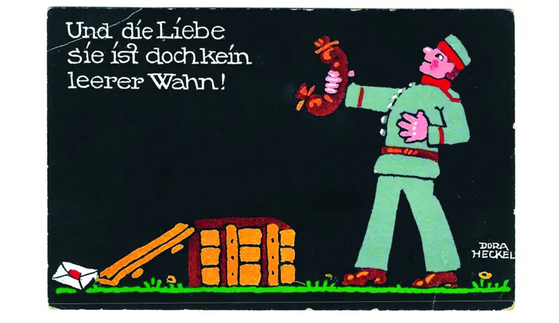 Und die Liebe sie ist doch kein leerer Wahn! / And love is not an empty delusion after all!, postcard, 9 x 14 cm, 1916. From the postcard collection of artist Julia Schäfer.