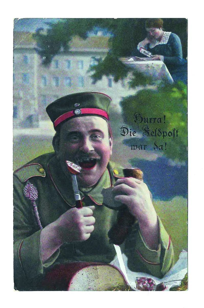 Hurra, die Feldpost war da! / Hurray, field post arrived!, postcard sent as field post, 9 x 14 cm, 1915. From the postcard collection of artist Julia Schäfer.