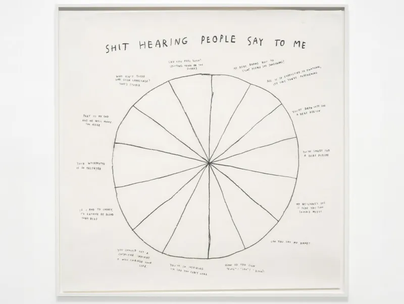 A black-and-white drawing titled “SHIT HEARING PEOPLE SAY TO ME.”