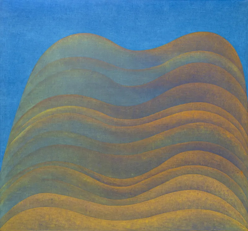Abstract painting with layered, undulating bands in muted blue, green, yellow, and ochre, creating a flowing, wave-like pattern across the canvas.
