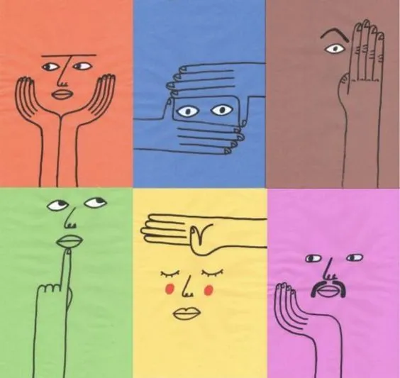 A series of colourful graphic drawings of faces.