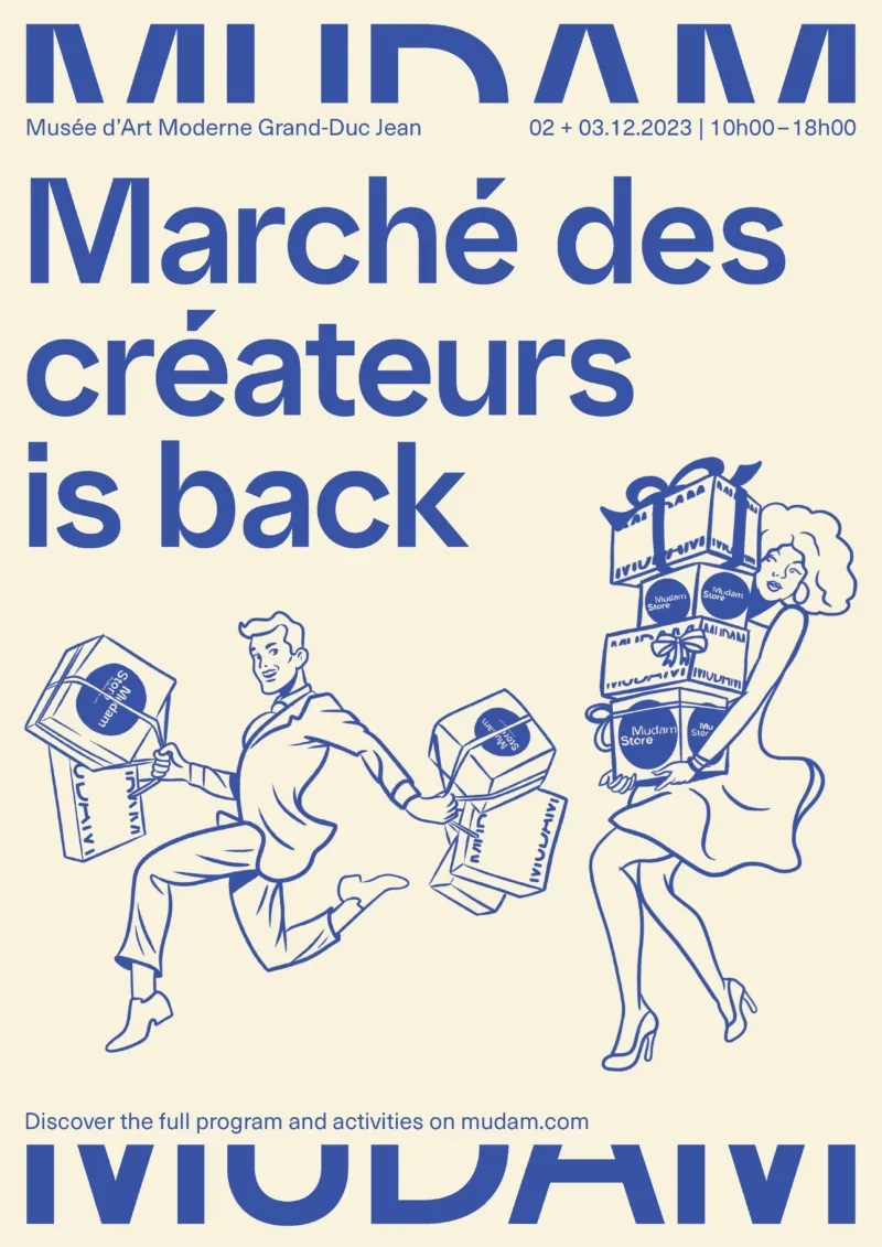 Event flyer showing a man and a woman packed with shopping boxes.