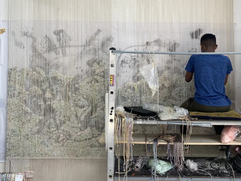 Studio at work, Cape Town, South Africa, 2023. Courtesy the artist, Thomas Dane Gallery and blank projects. Photo: Monique du Plessis © Igshaan Adams