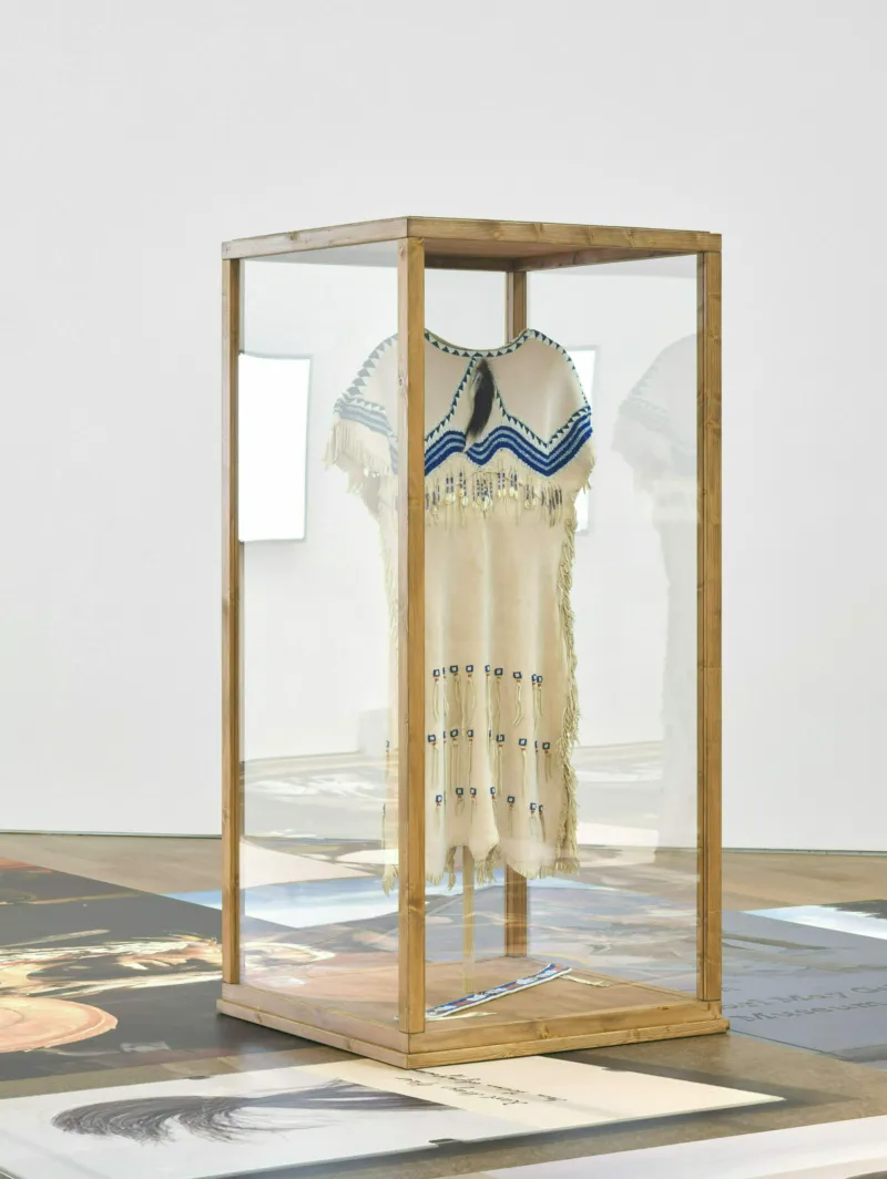 Krista Belle Stewart, ‘The Gift’, 2019. Nez Perce regalia style dress and belt made for the artist by Johannes in 2007. Gifted to the artist in 2019. Deer hide, deer tails, glass beads, seed beads, cowry shells, sinew, acrylic paint. Courtesy of the artist. View of the exhibition ‘A Model’, Mudam Luxembourg. Photo: Mareike Tocha © Mudam Luxembourg