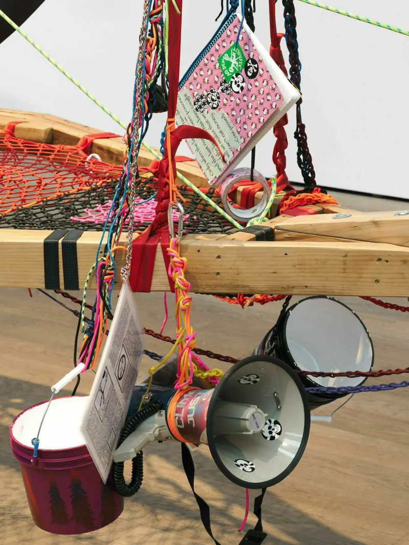 Andrea Bowers, ‘Radical Feminist Pirate Ship Tree Sitting Platform’, 2013 (detail). Recycled wood, rope, carabiners. Collection Mudam Luxembourg. Donation 2023 – Gaby and Wilhelm Schürmann with the support of the members of the Cercle des collectionneurs du Mudam Luxembourg. View of the exhibition ‘A Model’ 09.02 – 08.09.2024, Mudam Luxembourg © Photo: Mareike Tocha | Mudam Luxembourg