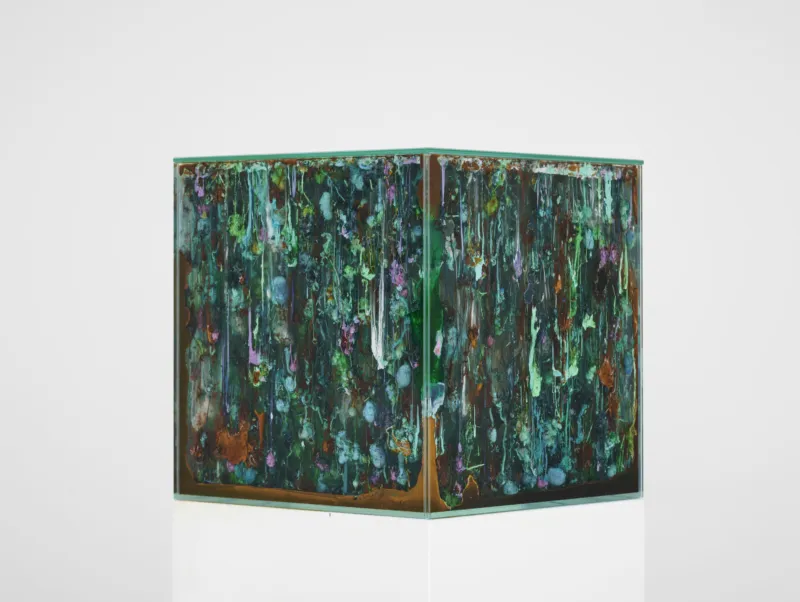 Agnieszka Kurant, ‘Chemical Garden’, 2021–ongoing. Sodium silicate, salts of copper, nickel, cobalt, chromium, manganese, iron and zinc, Opti white glass. Scientific collaboration: Dr. Magdalena Osiał. Courtesy of the artist. View of the exhibition ‘Agnieszka Kurant. Risk Landscape’, Mudam Luxembourg © Photo: Mareike Tocha | Mudam Luxembourg