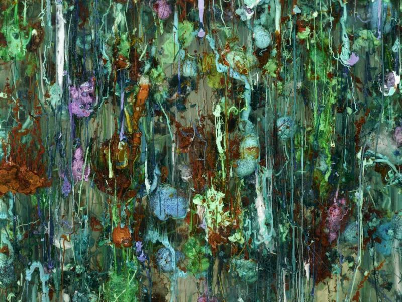 Agnieszka Kurant, ‘Chemical Garden’, 2021–ongoing. Sodium silicate, salts of copper, nickel, cobalt, chromium, manganese, iron and zinc, Opti white glass. Scientific collaboration: Dr. Magdalena Osiał. Courtesy of the artist. View of the exhibition ‘Agnieszka Kurant. Risk Landscape’, Mudam Luxembourg © Photo: Mareike Tocha | Mudam Luxembourg