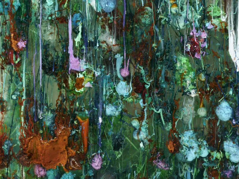 Agnieszka Kurant, ‘Chemical Garden’, 2021–ongoing. Sodium silicate, salts of copper, nickel, cobalt, chromium, manganese, iron and zinc, Opti white glass. Scientific collaboration: Dr. Magdalena Osiał. Courtesy of the artist. View of the exhibition ‘Agnieszka Kurant. Risk Landscape’, Mudam Luxembourg © Photo: Mareike Tocha | Mudam Luxembourg