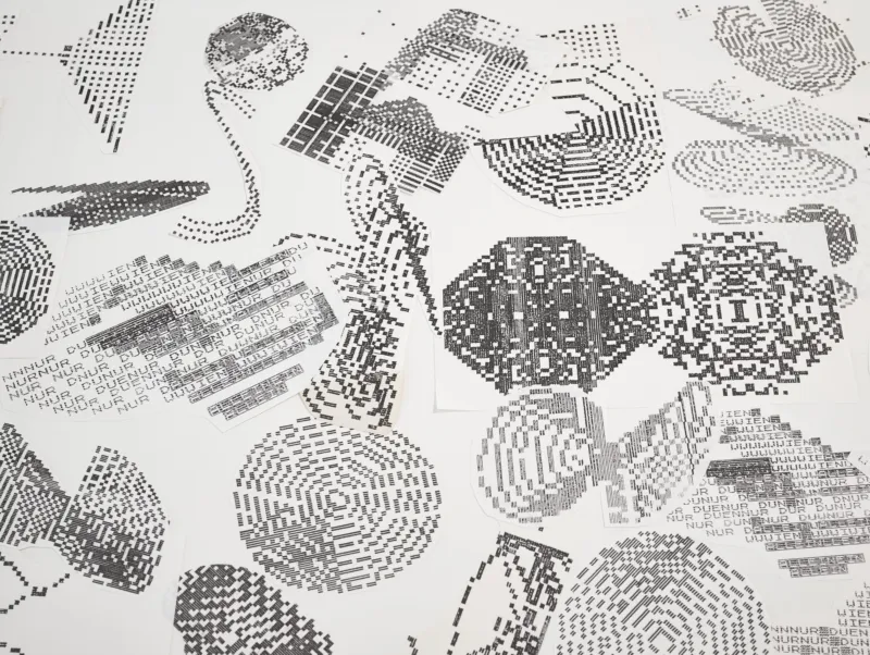 Lily Greenham, ‘Studies and preparatory material for Homecomputer Graphic’, 1982. Prints on paper. Courtesy of the Lily Greenham Archive, Goldsmiths University of London. View of the exhibition ‘Radical Software: Women, Art & Computing 1960–1991’, Mudam Luxembourg. Photo: Mareike Tocha © Mudam Luxembourg