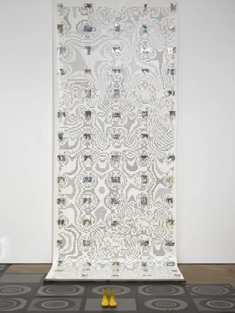 Sonya Rapoport, ‘Shoe-Field Tiles’, 1986/2024. Reproduction of a set of 91 tiles including five ‘shoe-psyche’ designs. Printed vinyl floor. Courtesy of the Estate of Sonya Rapoport. Photo: Mareike Tocha © Mudam Luxembourg
