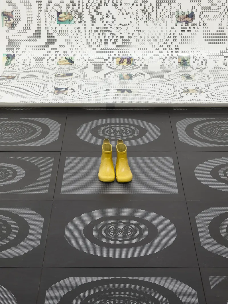 Sonya Rapoport, ‘Shoe-Field Tiles’, 1986/2024. Reproduction of a set of 91 tiles including five ‘shoe-psyche’ designs. Printed vinyl floor. Courtesy of the Estate of Sonya Rapoport. Photo: Mareike Tocha © Mudam Luxembourg