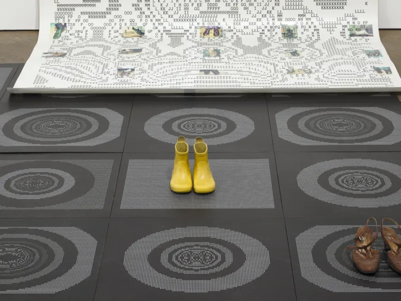 Sonya Rapoport, ‘Shoe-Field Tiles’, 1986/2024. Reproduction of a set of 91 tiles including five ‘shoe-psyche’ designs. Printed vinyl floor. Courtesy of the Estate of Sonya Rapoport. Photo: Mareike Tocha © Mudam Luxembourg