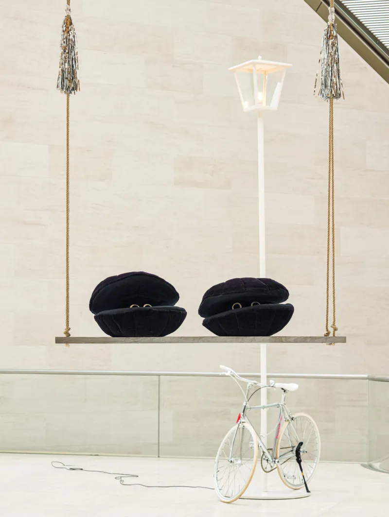 Cosima von Bonin, ‘Scallops (Dark Version), Rocking’, 2014. Mohair velours, poly ll, foam material, satin, felt, wood, lacquer, hemp rope and glittering garland. Collection of Eleanor and Bobby Cayre. View of the exhibition ‘Cosima von Bonin: Songs for Gay Dogs’, Mudam Luxembourg. Photo: Mareike Tocha © Mudam Luxembourg