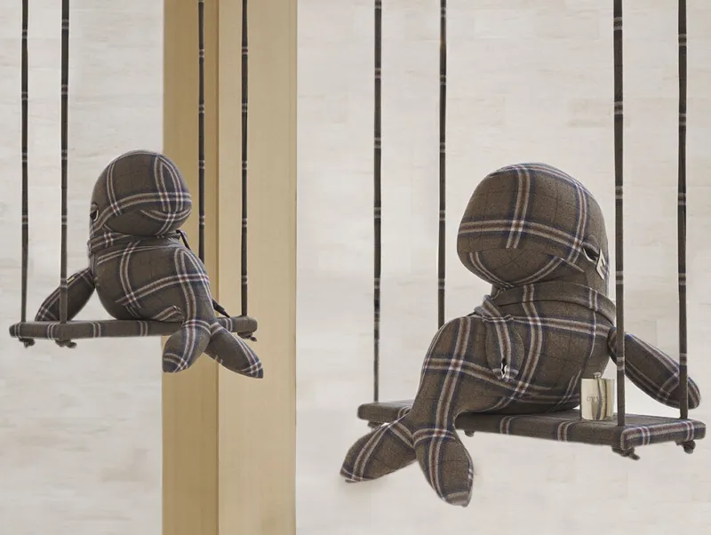 Cosima von Bonin, ‘Mae Day Petite Version’ + ‘Mae Day IX’, 2024. Textile, felt, fleece, wood and rope. Private collection. View of the exhibition ‘Cosima von Bonin: Songs for Gay Dogs’, Mudam Luxembourg. Photo: Mareike Toch © Mudam Luxembourg