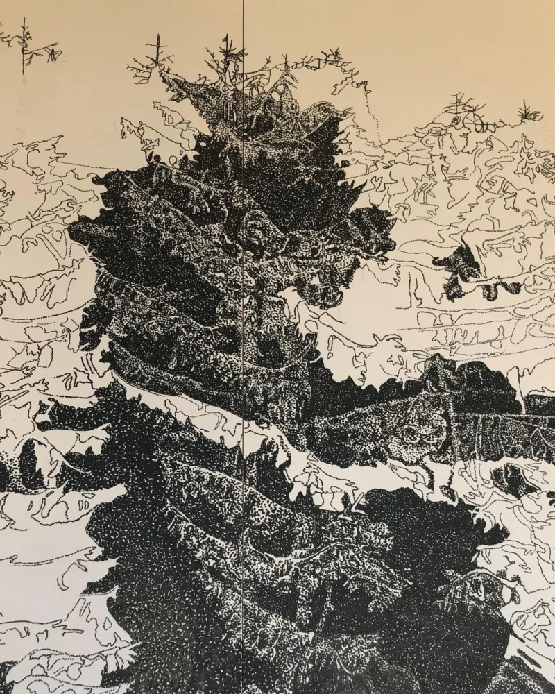 A black and white drawing of a tree.