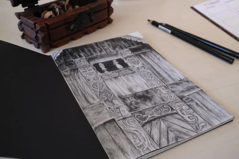 A black and whit ink drawing