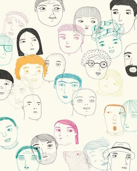 A ste of colourful drawings of faces.
