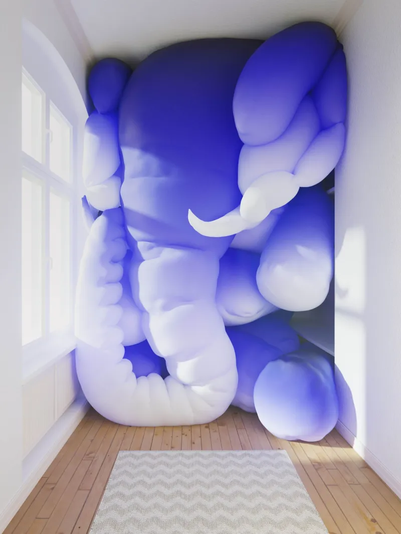 A huge blue elephant stuck in a room that is too small for him.