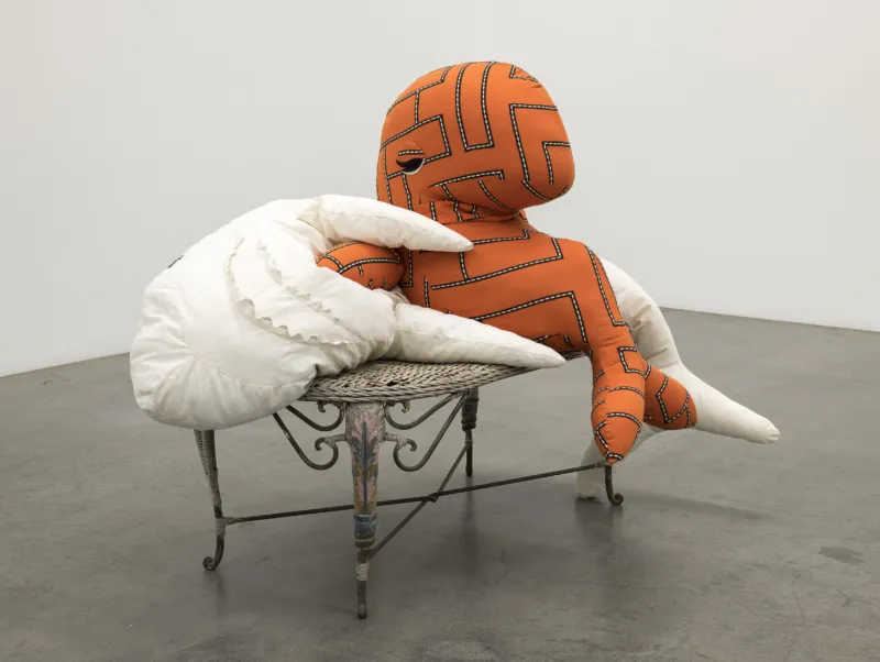 Cosima von Bonin, ‘Mae Day VIII (Wal Visconti Hai Version)’, 2024. Mixed Media (Wool, rattan, lacquer, iron, cotton and fleece. 103x132x95 cm (HxBxT). Courtesy the artist and Monika Schnetkamp Collection © Stefan Korte, Courtesy Galerie NEU, Berlin