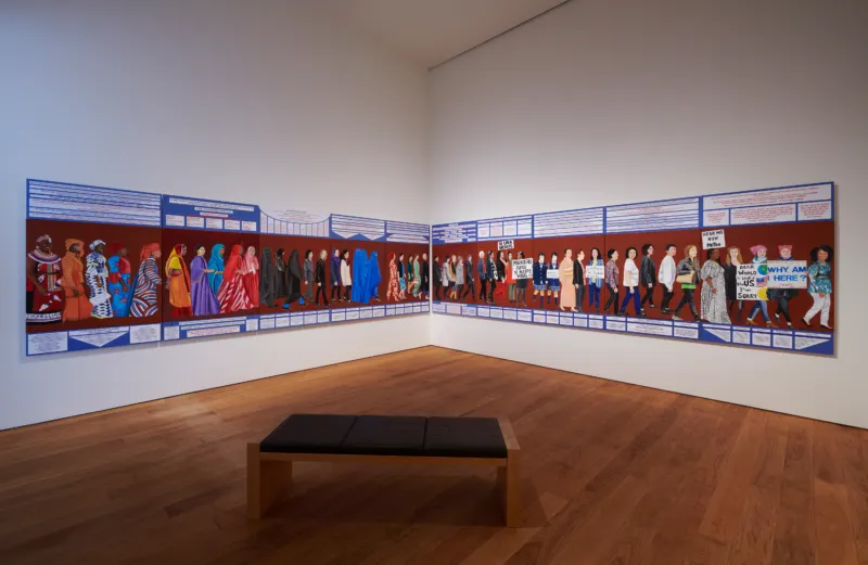 Exhibition view ‘Seven Paintings – Seven Encounters’, Mudam Luxembourg. Photo: Marc Domage © Mudam Luxembourg. Berthe Lutgen, ‘La Marche des femmes’, 2017-2019. Collection Mudam Luxembourg © Berthe Lutgen
