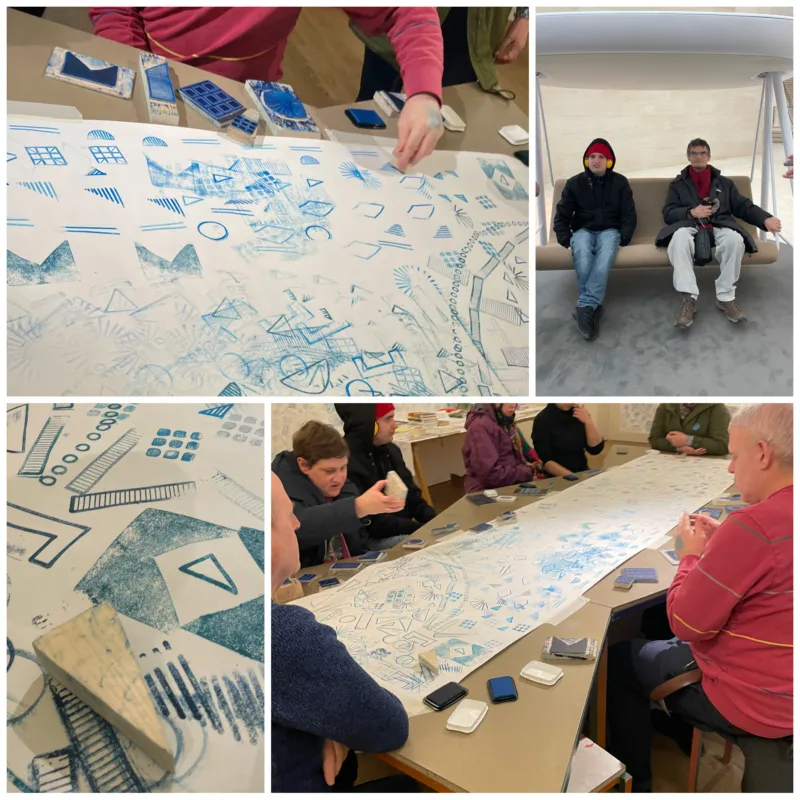 A collage of photos taken during a visit at Mudam by the member of the Fondation Autisme Luxembourg.