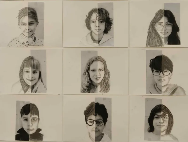A series of portraits made during a children's workshop at Mudam.