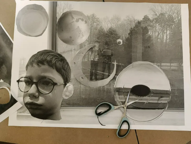 Black and white collage made during a photo workshop for children at Mudam.