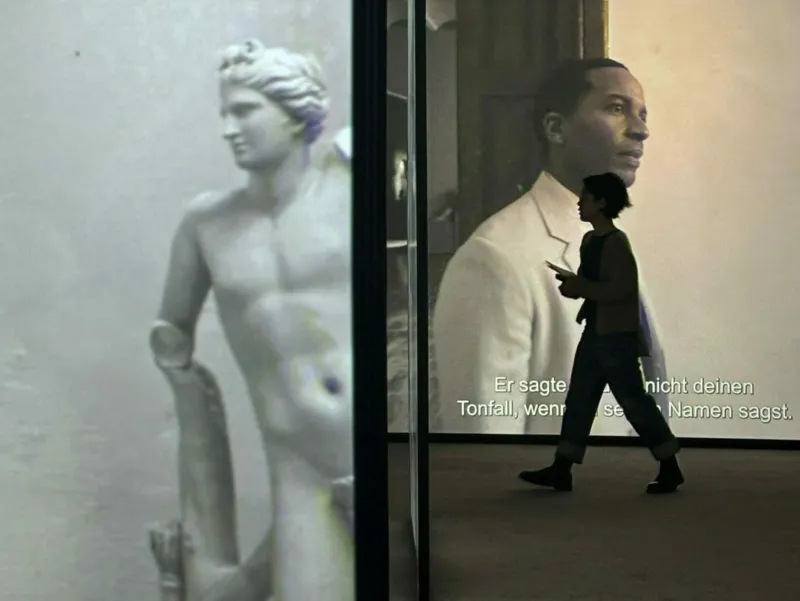 Isaac Julien, ‘Once Again... (Statues Never Die)’, 2022. Five-screen installation, 4K transferred to digital, black and white, 9.2 surround sound. 31 min 34 sec. Commissioned by the Barnes Foundation and the Ford Foundation, with additional support from the Sharjah Art Foundation, Linda Pace Foundation, Carol Weinbaum and the University of California, Santa Cruz. Courtesy of the artist and Victoria Miro, London. View of the exhibition ’A Model‘, Mudam Luxembourg © Photo: Mudam Luxembourg