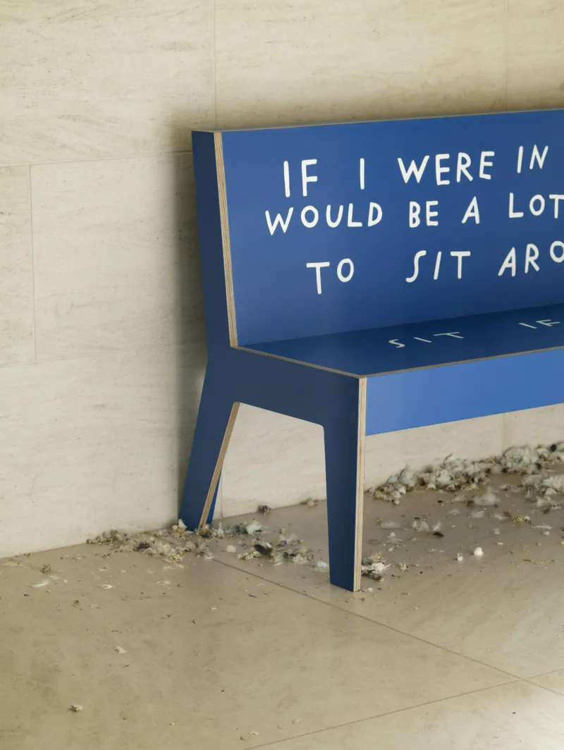 Detail view of: Finnegan Shannon, ‘Do you want us here or not (Mudam)’, 2023–ongoing, Collection Mudam Luxembourg, as part of the exhibition ‘A Model’ + ‘A Model: Epilogue – Jason Dodge. Tomorrow, I walked to a dark black star’ © Photo: Aurélien Mole | Mudam Luxembourg