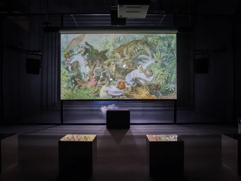 Ho Tzu Nyen, ‘One or Several Tigers’, 2017. View of the exhibition ‘Ho Tzu Nyen: Time & the Tiger’, Singapore Art Museum, 2023-24. Image courtesy of Singapore Art Museum