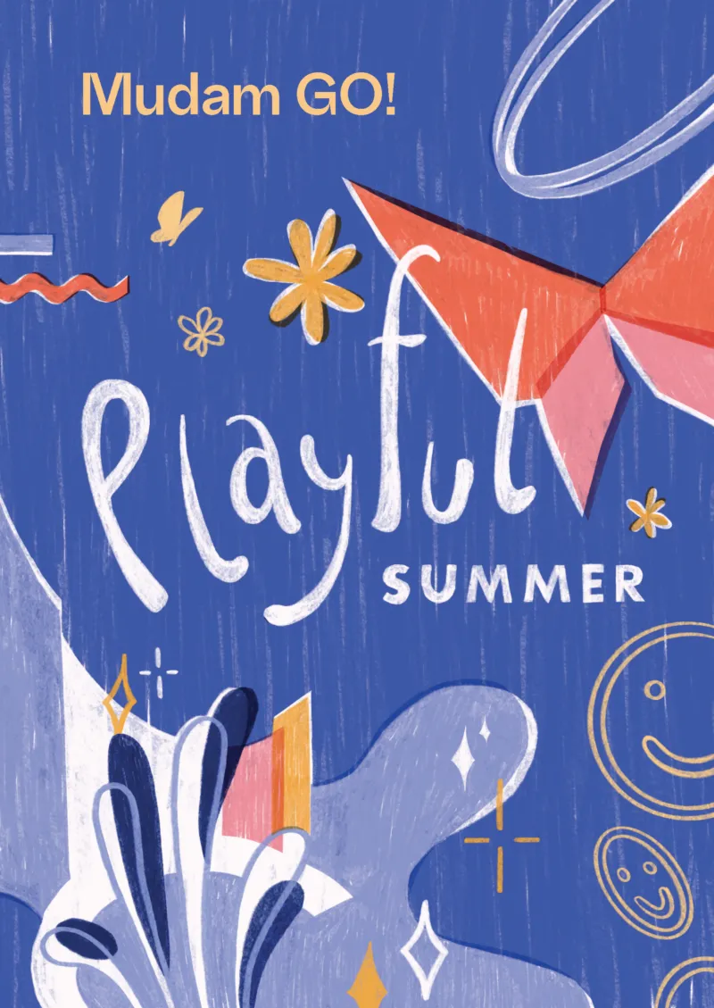 The colourful cover of the booklet 'Mudam Go! Playful Summer'