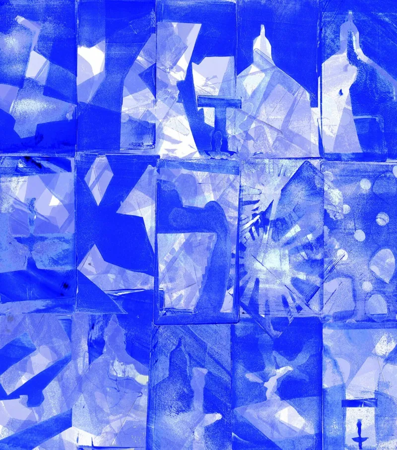 A collage of blue prints of the Mudam building made during workshops by children.