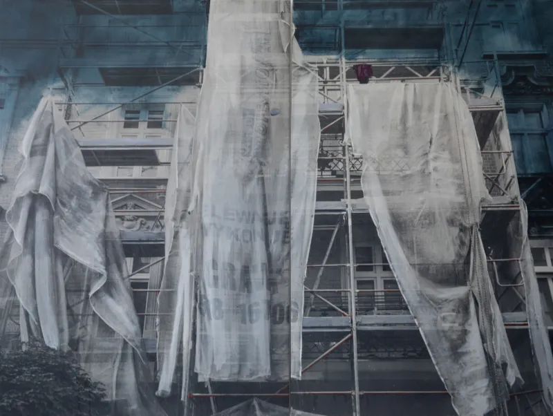 Magda Starwarska, ‘Slipping Veil, Katowice’, 2024. oil on linen. 144cm x 204cm. © Magda Starwarska, courtesy the artist and Yamamoto Keiko Rochaix, London, photo M. Stawarska