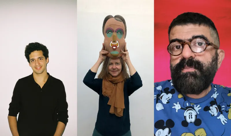 Portaits of Pablo Larios, Agnieszka Gratza (posing with a work by Mauricio Simon), and Mohammad Salemy. Courtesy of the author