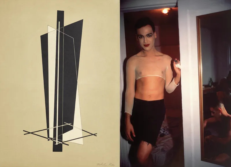 On the right: László Moholy-Nagy, "Blatt 2 der Mappe '6 Konstruktionen'", 1924 (detail) Saarlandmuseum – Moderne Galerie, Saarbrücken. Photo: Tom Gundelwein / Stiftung Saarländischer Kulturbesitz. On the left: Nan Goldin, "Jimmy Paulette and Tabboo! undressing, NYC", 1991 (detail). Collection Mudam Luxembourg, Acquisition 1997, Apport FOCUNA. Photo: Rémi Villaggi