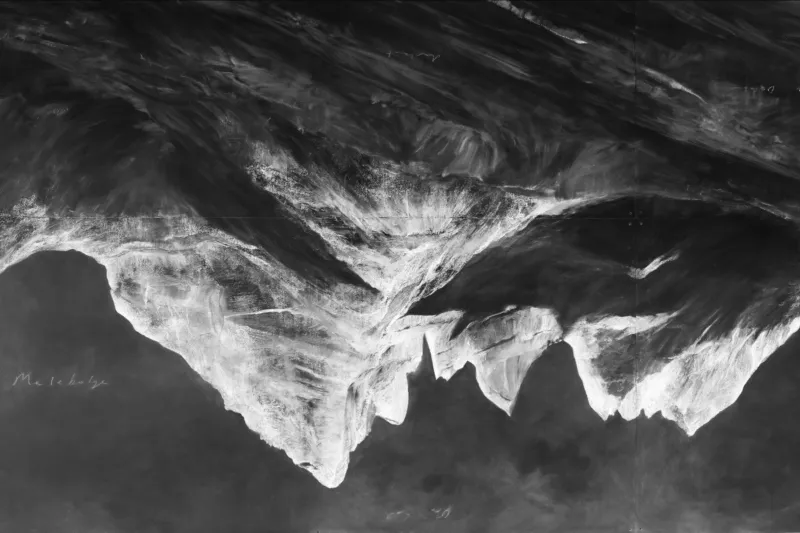 Black and white painting of a mountain represented up-side down