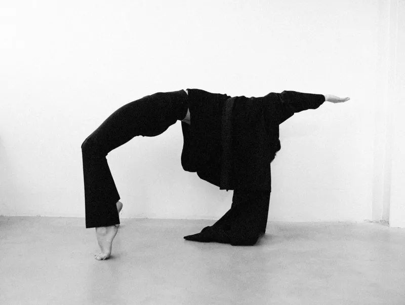 A black and white fashio photo.