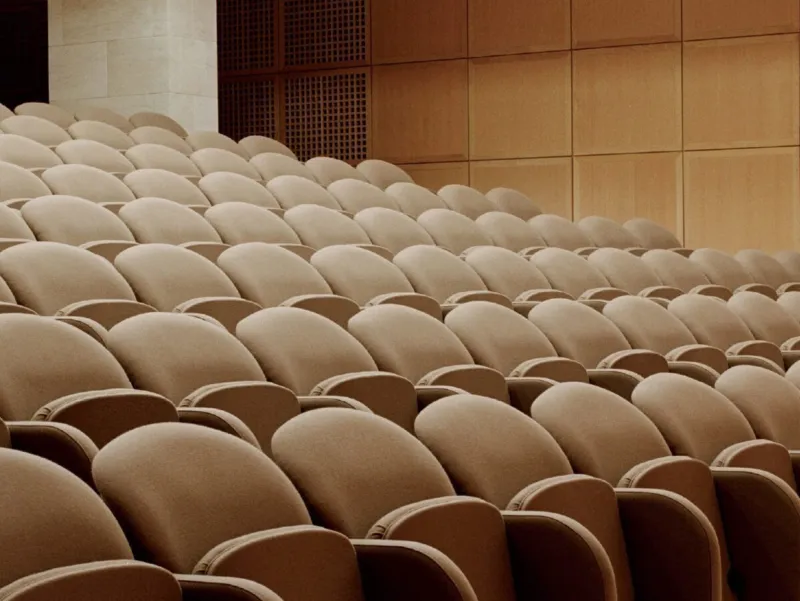 Une salle de conférence ou un auditorium vide, avec de nombreuses rangées de sièges rembourrés beiges. Les sièges sont disposés en gradins et s’étendent dans toute la salle. Au fond, des murs lambrissés en bois clair et des panneaux acoustiques à motif quadrillé complètent cet intérieur aux tons chaleureux.