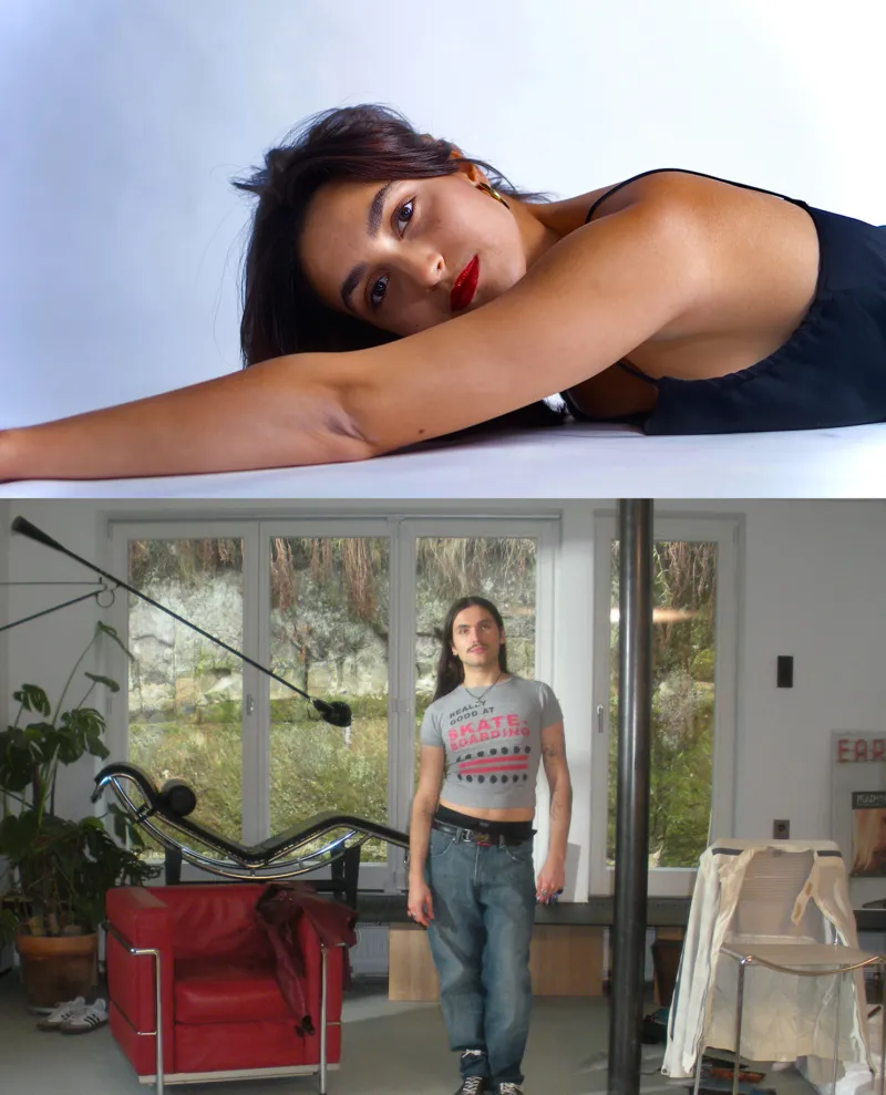 A portrait of a woman lying on the floor above a portrait of a young person with long hair standing in his apartment.