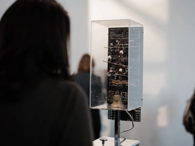 Irma Hünerfauth, ‘Augen und Glocke’, ca. 1970. From the series ‘Vibrations Objects’. Operated by hand. Sound object with self-noise amplfier. Courtesy of the Estate of Irma Hünerfauth. Photo: Marion Dessard © Mudam Luxembourg