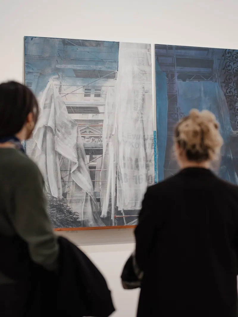 Magda Stawarska, ‘Slipping Veil, Katowice’, 2024. Courtesy of the artist and Yamamoto Keiko Rochaix, London. View of the exhibition ‘Lubaina Himid and Magda Stawarska: Nets for Night and Day’, Mudam Luxembourg. Photo: Marion Dessard © Mudam Luxembourg