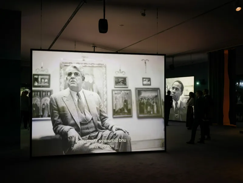 Isaac Julien, ‘Once Again... (Statues Never Die)’, 2022. Five-screen installation, 4K transferred to digital, black and white, 9.2 surround sound. 31 min 34 sec. Commissioned by the Barnes Foundation and the Ford Foundation, with additional support from the Sharjah Art Foundation, Linda Pace Foundation, Carol Weinbaum and the University of California, Santa Cruz. Courtesy of the artist and Victoria Miro, London. View of the exhibition ‘A Model’, Mudam Luxembourg © Photo: Marion Dessard | Mudam Luxembourg