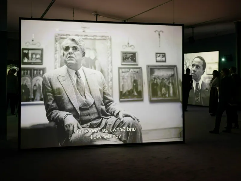 Isaac Julien, ‘Once Again... (Statues Never Die)’, 2022. Five-screen installation, 4K transferred to digital, black and white, 9.2 surround sound. 31 min 34 sec. Commissioned by the Barnes Foundation and the Ford Foundation, with additional support from the Sharjah Art Foundation, Linda Pace Foundation, Carol Weinbaum and the University of California, Santa Cruz. Courtesy of the artist and Victoria Miro, London. View of the exhibition ‘A Model’, Mudam Luxembourg © Photo: Marion Dessard | Mudam Luxembourg