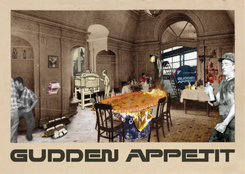 A collage of steelworkers with dining tables and the title "Gudden Appetit"